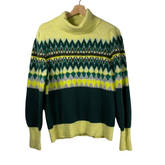 Loft Women's Wool Blend Fair Isle Turtleneck Sweater Yellow Green Size L - Picture 1 of 6